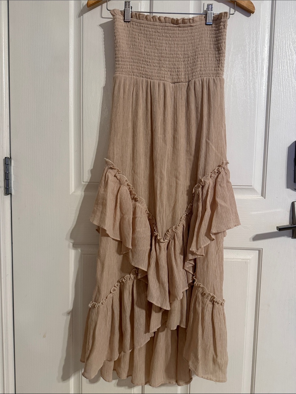 Strapless Ruffle Midi Dress in Beige